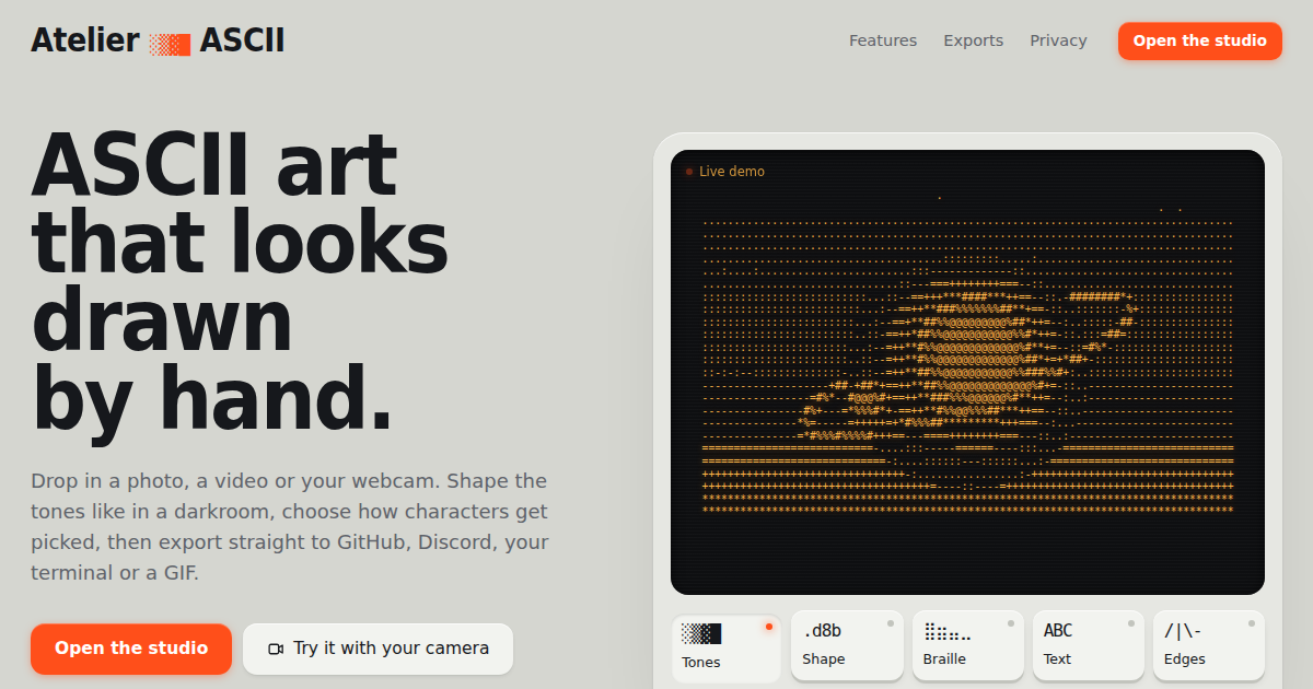 I built a free, open-source ASCII art studio that picks characters by shape, not just brightness